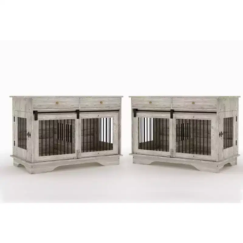 Dog Crate, 47'' Large Dog Furniture Crate w/2 Storage Drawers & Removable Divider - Grey Double Cage