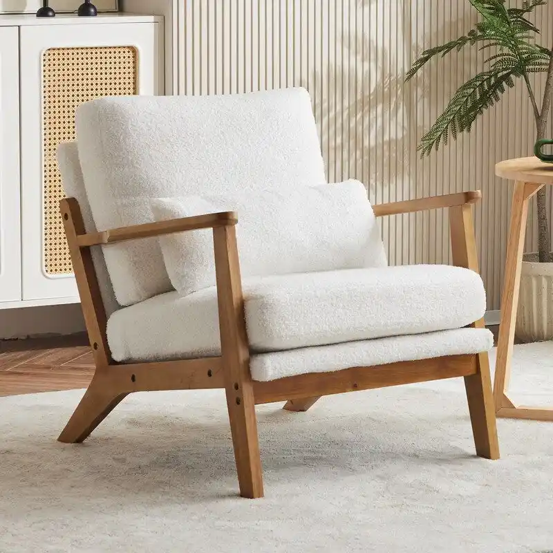 Upholstered Linen Blend Accent Chair with Wooden Legs and Pillow, Beige