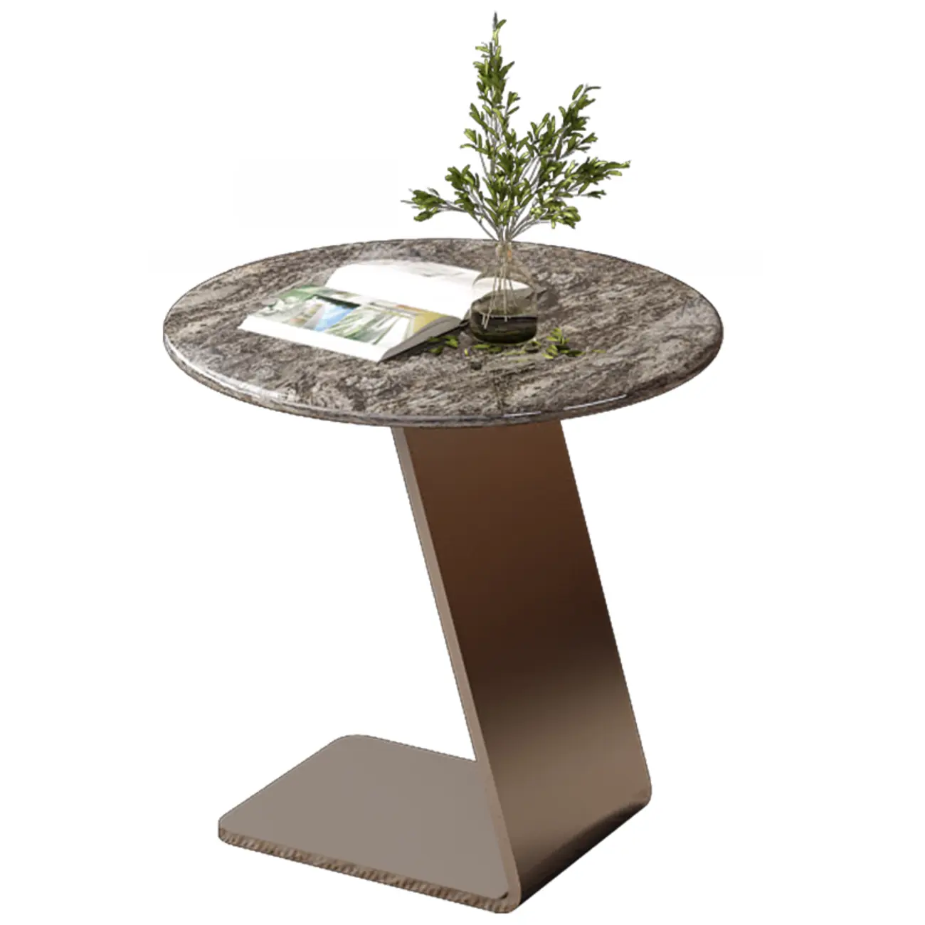 Contemporary C Shaped Stone Stainless Steel Side Table