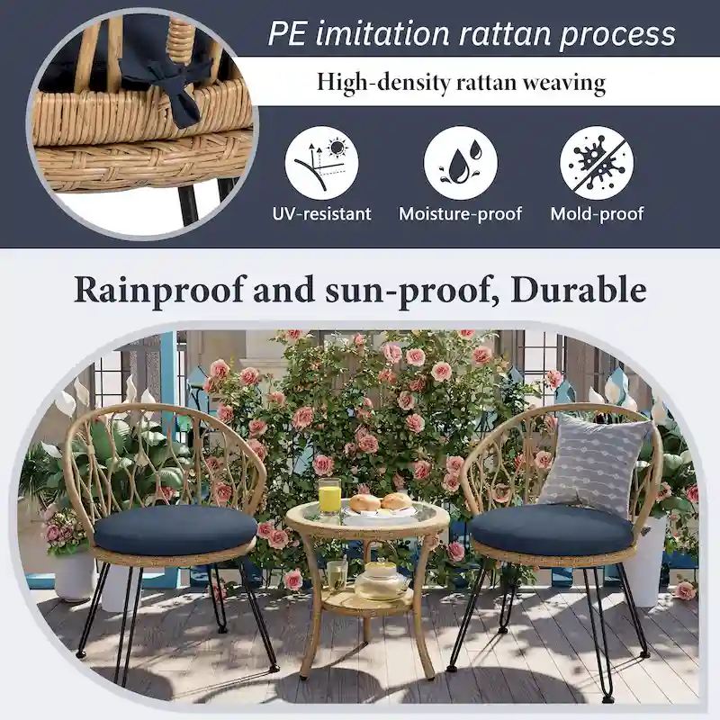 3 Piece Outdoor Leisure Set, Patio Bistro Set Conversation Set Includes 2 Rattan Single Chairs and a Glass Round Table