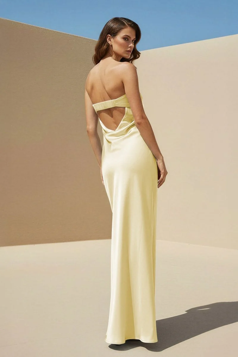 Sky Blue Strapless Sheath Satin Pleated Open Back Long Prom Dresses