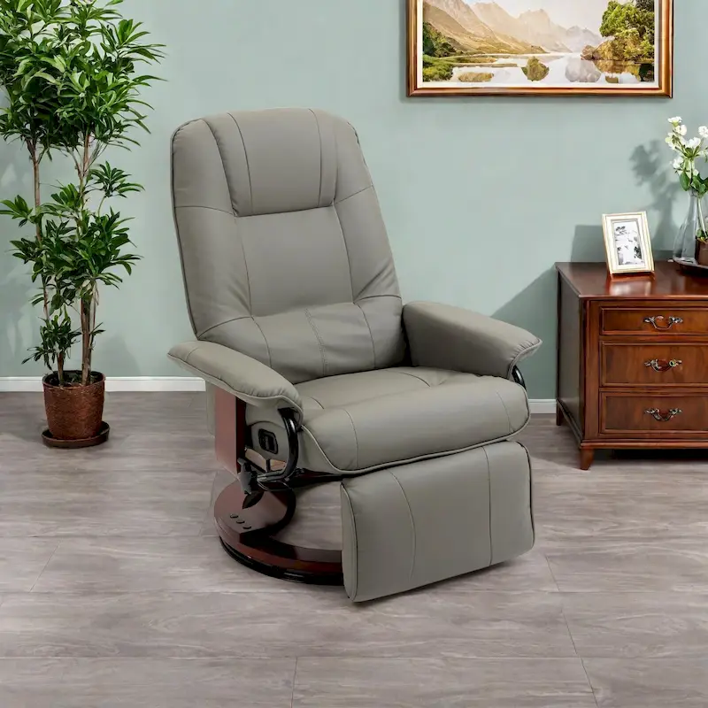 Faux Leather Manual Swivel Recliner Chair with Footrest, Armrest and Wrapped Wood Base