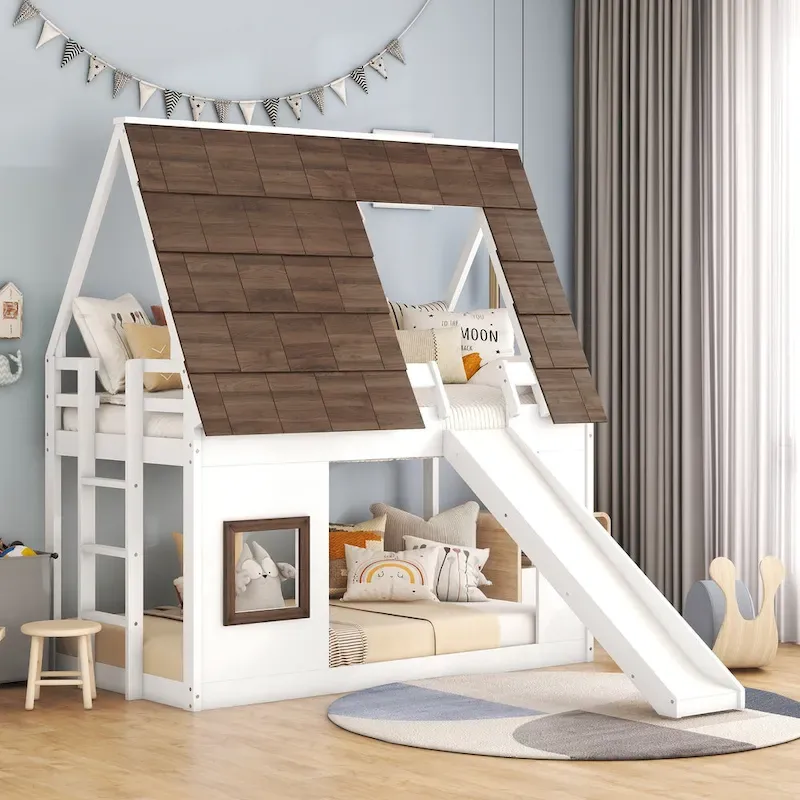 Twin Size House Bunk Bed with Roof, Ladder and Slide – White/Brown