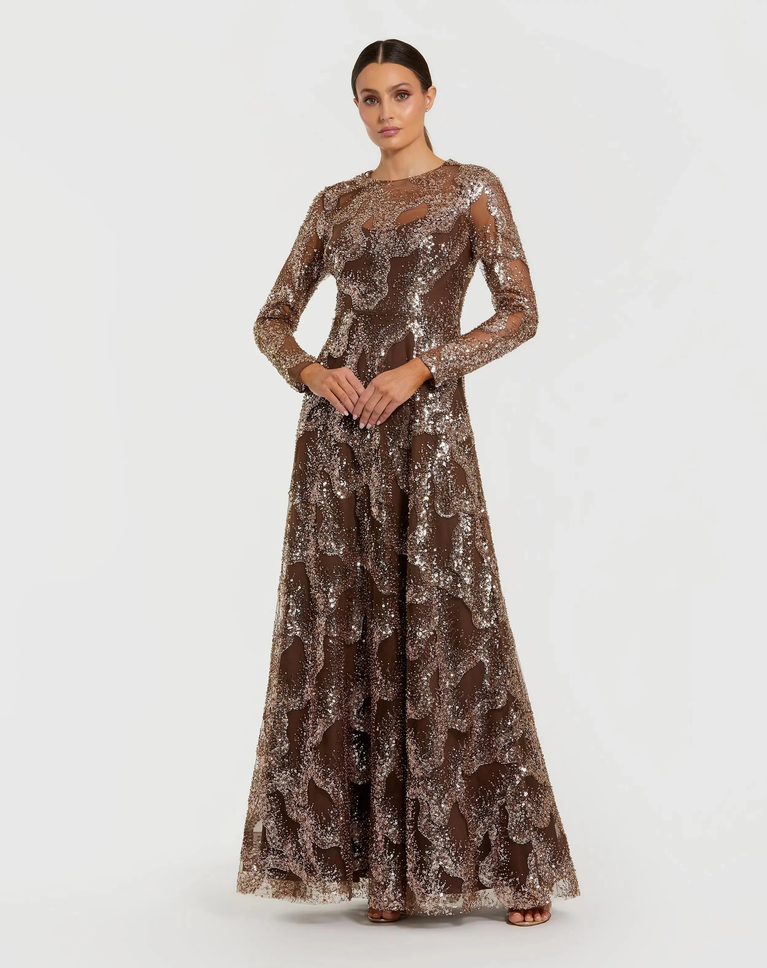 Brown Embellished Long Sleeve High Neck Evening Gown