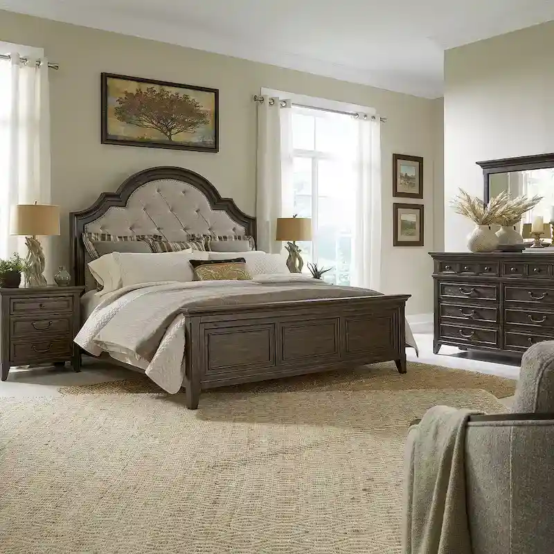 Paradise Valley Saddle Brown Upholstered Bed, Dresser and Mirror, & Nightstand