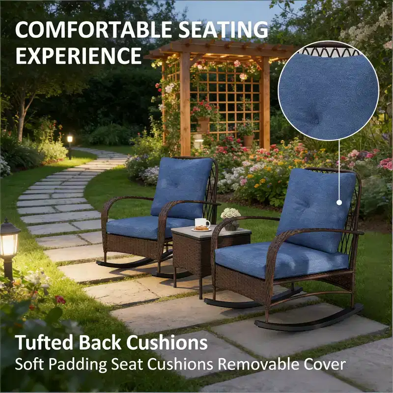 GDFStudio Belmont 3-Piece Patio Bistro Set with Rocking Chairs and Wicker Table