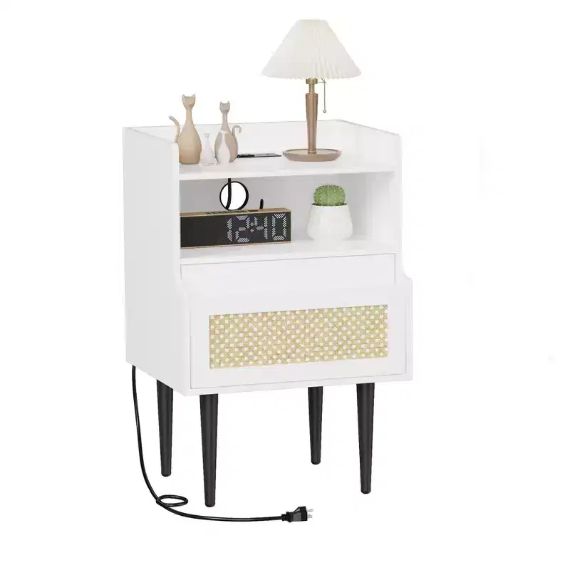 Rattan Nightstand Set of 2, White Bedside Table, Farmhouse End Table with Drawer and Open Storage Shelf, Modern Side Table for Bedroom, Living Room
