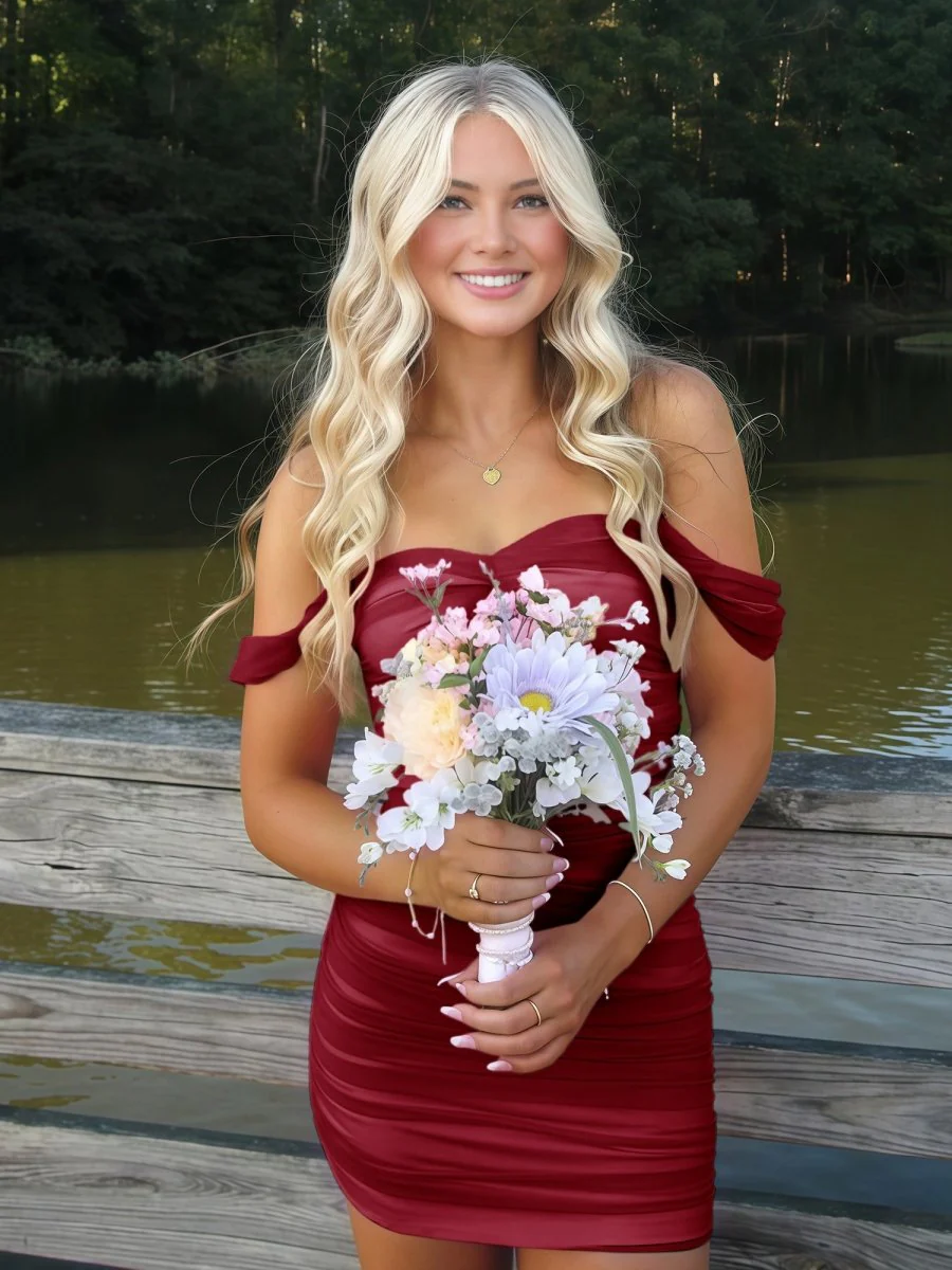 Burgundy - Off The Shoulder Tulle Short Homecoming & Cocktail Dresses