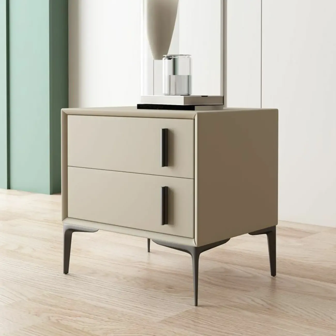 Modern Apricot Faux Leather Wood 2-Drawer Nightstand