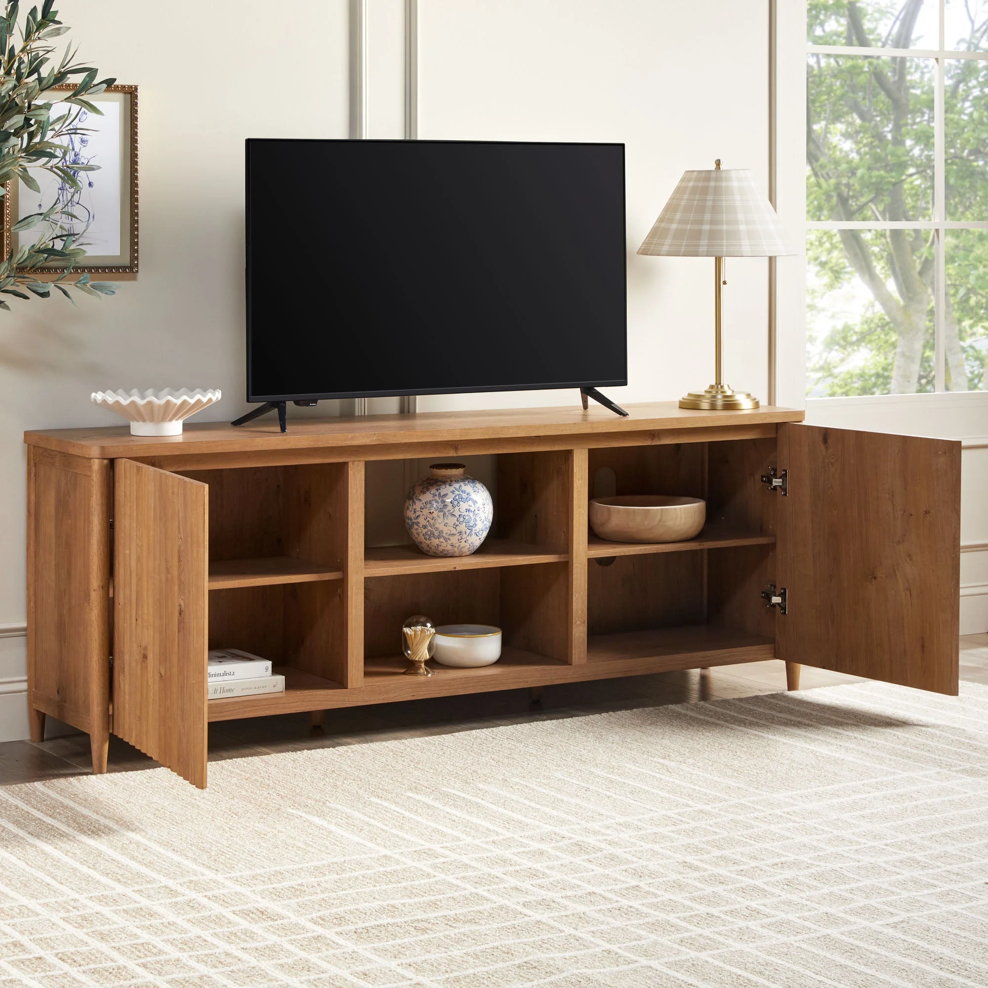 Flynn Scandinavian Reeded TV Stand with Storage