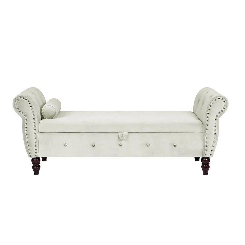 Blue / Black / Pink / Dark Grey / Beige Velvet Storage Ottoman Bench with Armrest, 2-Seat