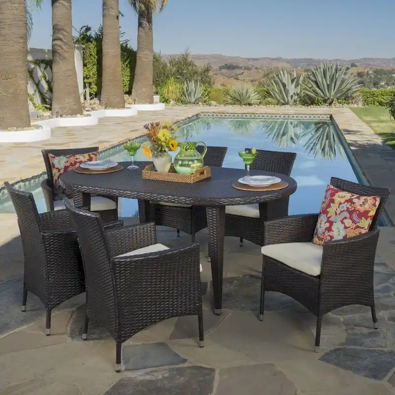 Vincent Outdoor 7-piece Oval Wicker Dining Set with Cushions by Christopher Knight Home