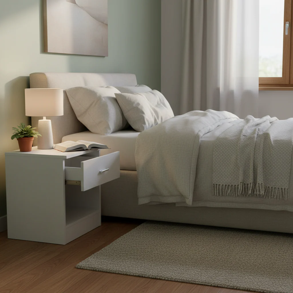 White / Black 1-Drawer Bedside Nightstand with Metal Handle – Modern Style, Single Use