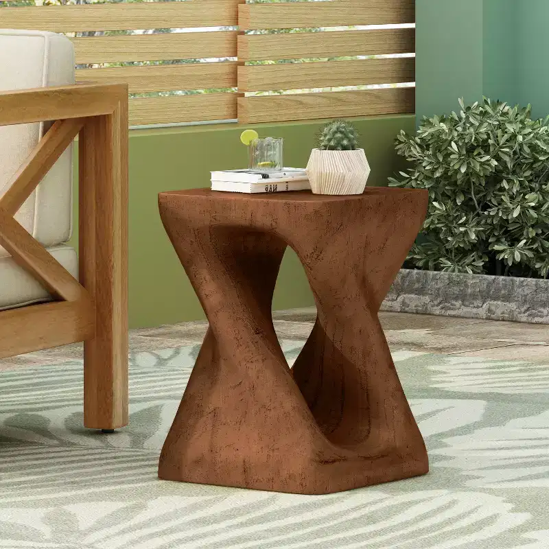 GDFStudio Verde Outdoor Lightweight Concrete Twist Design Wood Grain Texture Side Table