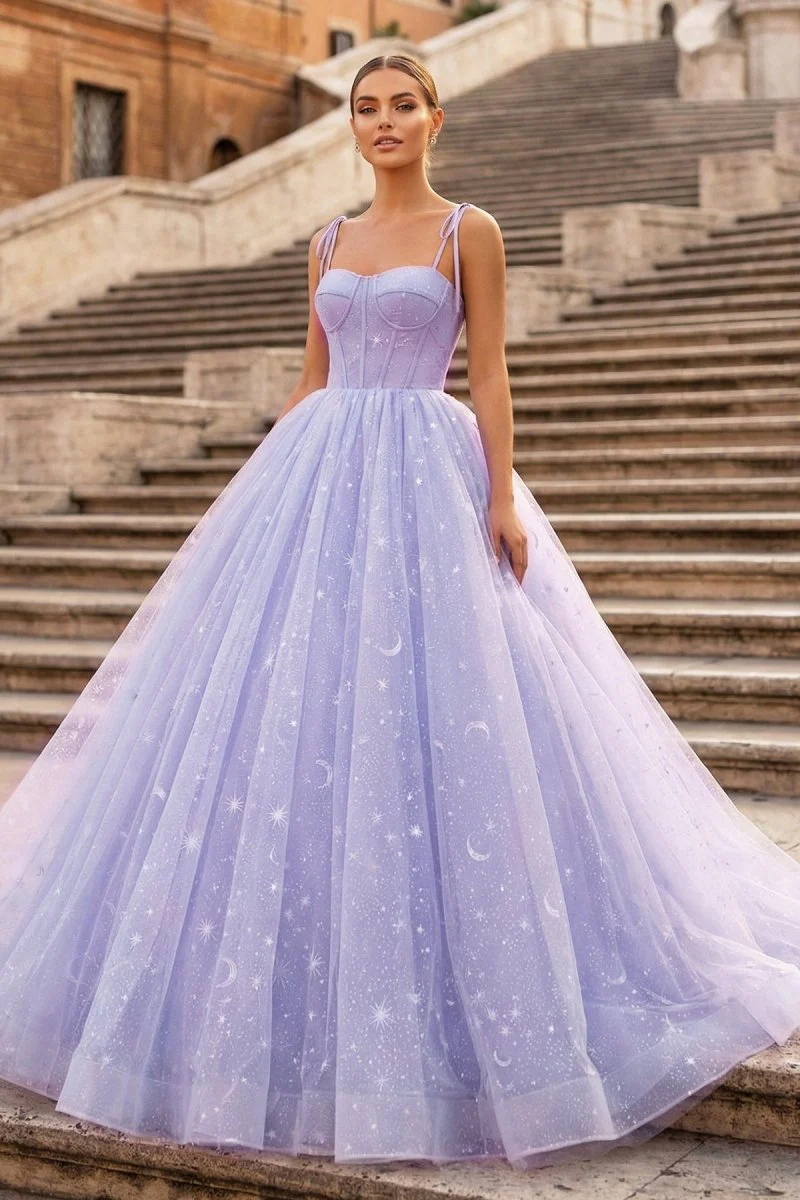 Lavender Tulle Straps Floor Length Evening Dress, Lavender A-Line Prom Dress