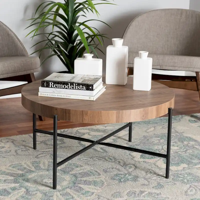 Walnut Brown & Black Round Industrial Coffee Table with Crisscross Metal Base – Single
