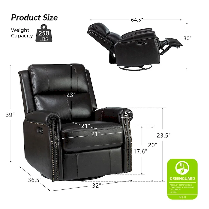 Renato Traditional Genuine Leather Nailhead Power Swivel Recliner Chair with Metal Base Set of 2 by HULALA HOME