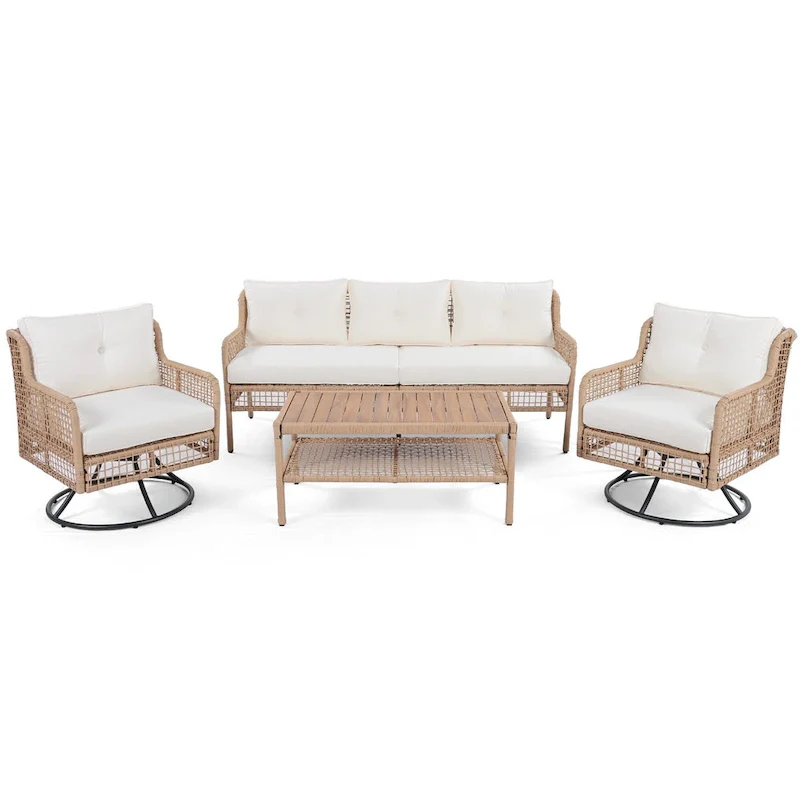 4-Piece Rattan Conversation Sofa Set with Swivel Chairs & Table