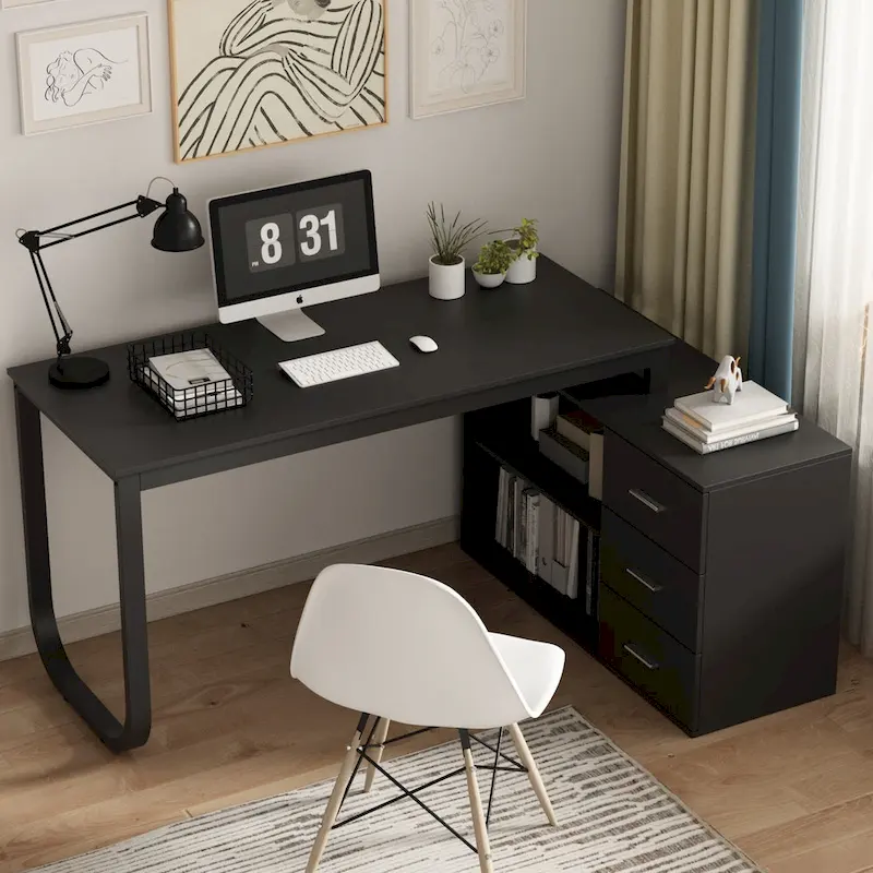 L-Shape Executive Desk with 3 Drawers and Side Storage Cabinet