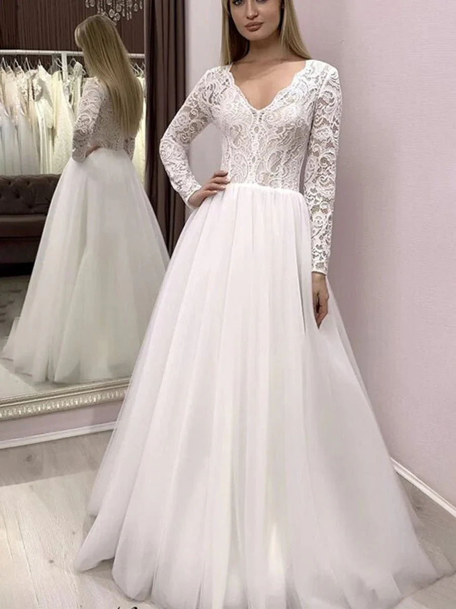 Bohemian Long Sleeves Lace Button Back A Line Modest Wedding Dresses