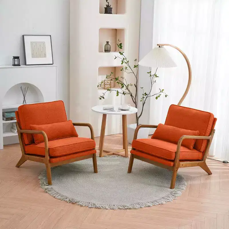 Karl Home 2Pcs Mid Century Solid Wood Accent Chair Upholstered Armchair with an Extra Pillow