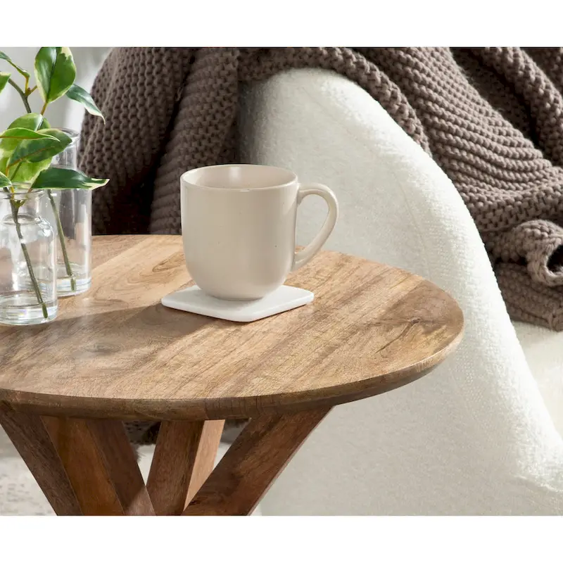 Natural Wood Round Side Table - Midcentury Modern Style