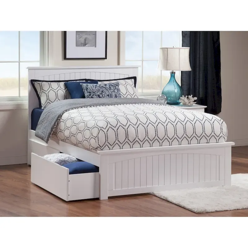 Nantucket White Queen Platform Bed with 2 Under-bed Drawers