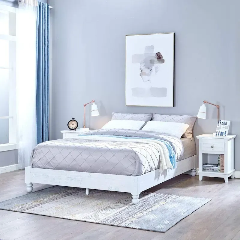 White Washed Solid Wood Platform Bed Frame, Full/Queen/King, 1-Person