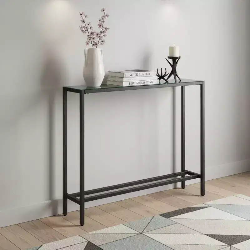 HomeRoots 36 Black and Gunmetal Mirrored Glass Console Table
