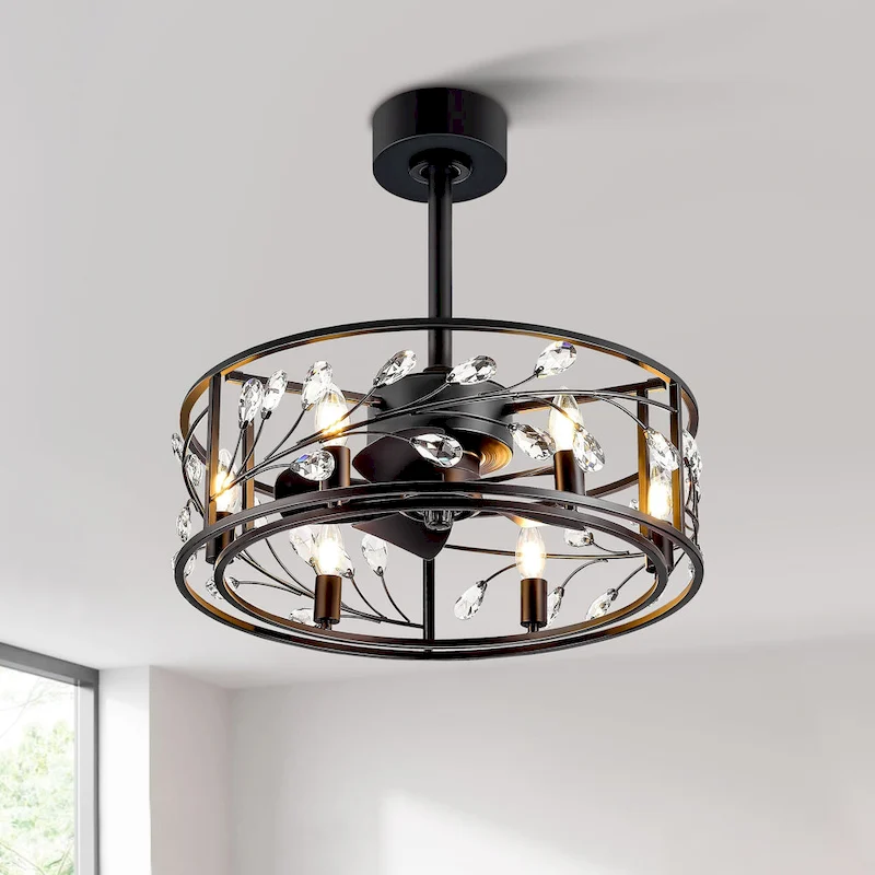 20  Black Caged Ceiling Fan with Crystal Light Kit Remote Control - 20 Inch