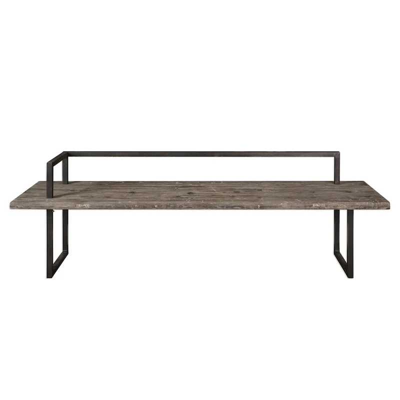 Antique White Wash Reclaimed Wood Bench, Aged Black Iron Frame, 1-Seat