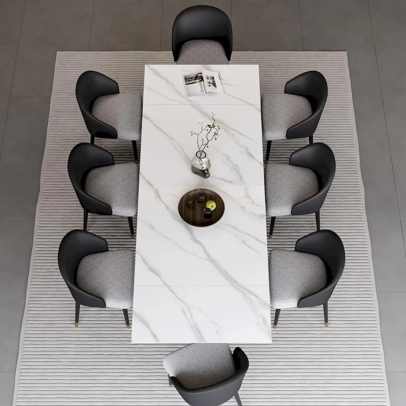 9 - Piece 94.48  Rectangular Extendable Sintered Stone Dining Table with 8 Faux leather Chairs Dining Set