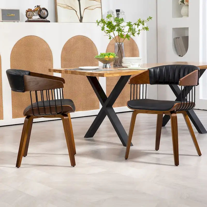 Black Faux Leather Dining Chair with Walnut Wood Frame and Legs