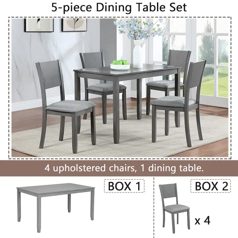 5 Pcs Kitchen Dining Table and Chair Set, Rectangular Wooden Dining Table with 4 Upholstered High Back Chairs and 1 Bench