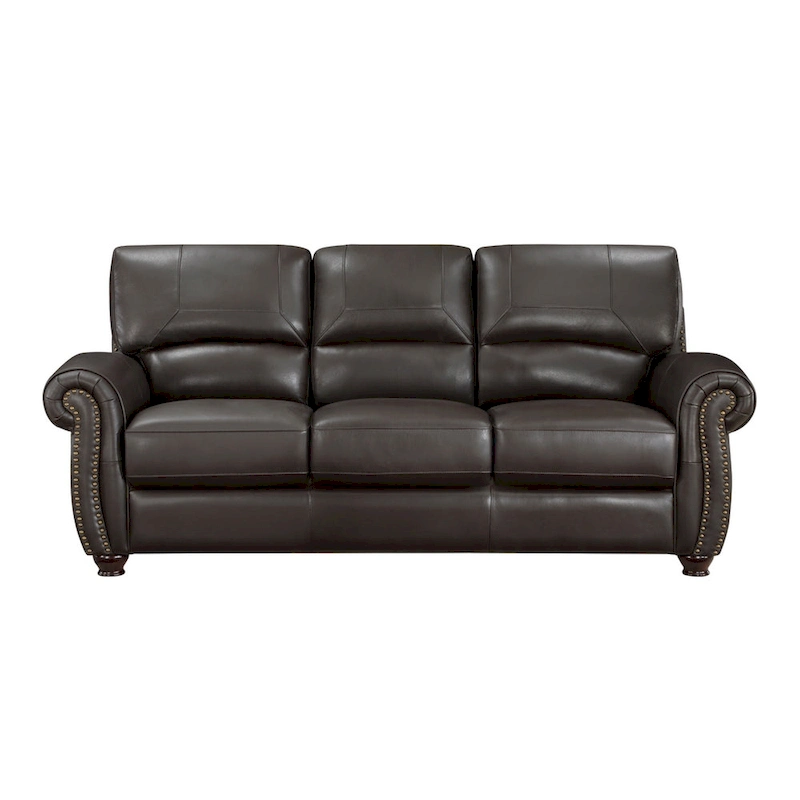 Kia 84 Inch Sofa, Dark Brown Top Grain and Faux Leather, Solid Wood