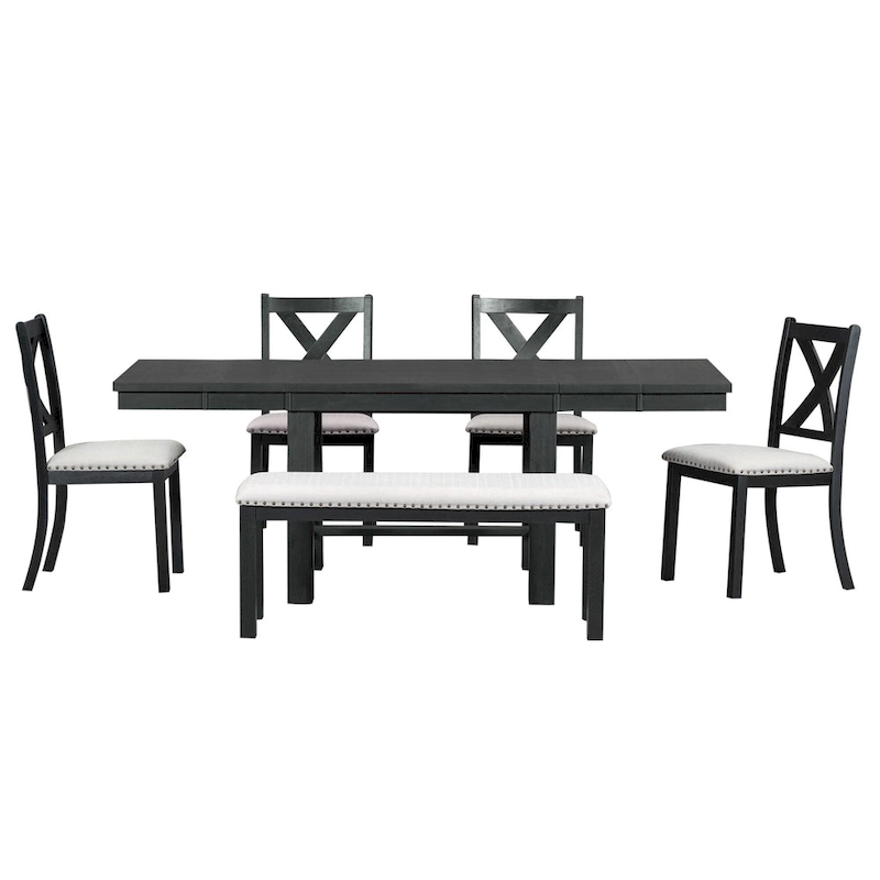 Black 6-Piece Wooden Dining Table Set with Extendable Table & 4 Chairs & Bench