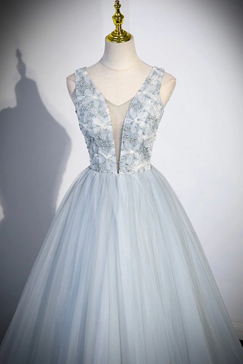 Sky Blue V Neck A Line Tulle Long Prom Dresses With Floral