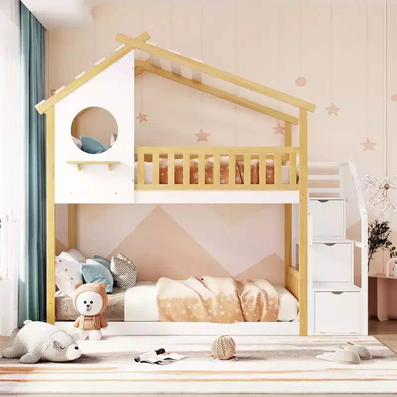 Twin over Twin Bunk Bed with Stairs, Stairway House Bunk Bed Frame with Storage and Guard Rail for Kids Girls Boys, White