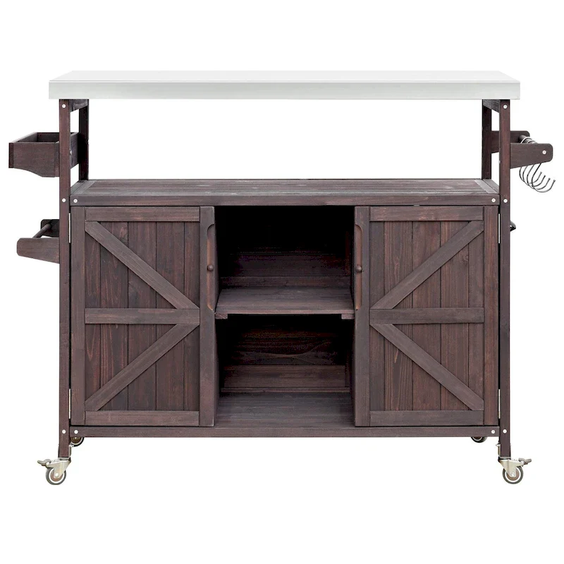 Dark Brown / Gray Blue / Natural Fir Wood Outdoor Kitchen Grill Cart, 1-Person, Stainless Steel Top