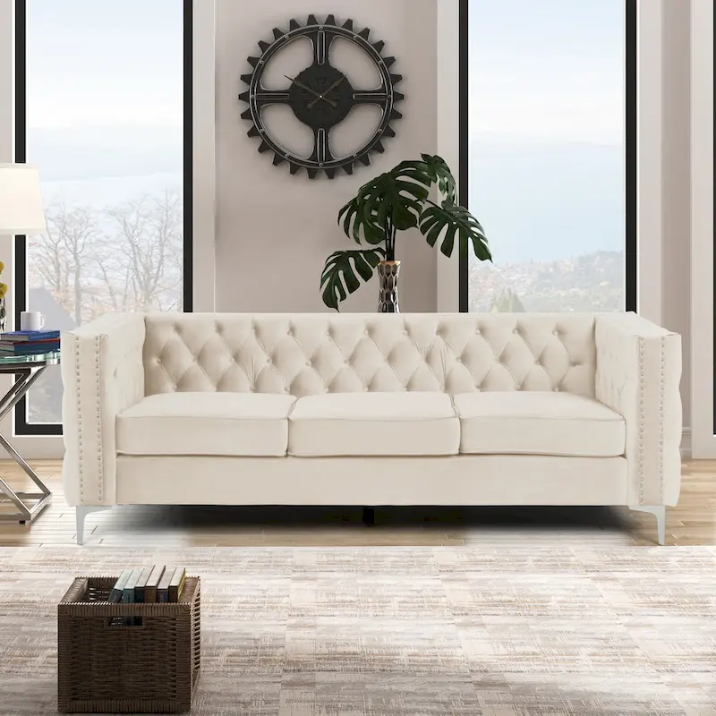 Dutch Velvet Button-Tufted Sofa, Blue/Grey/Beige, Nailhead Trim, Iron Legs, Seats 3