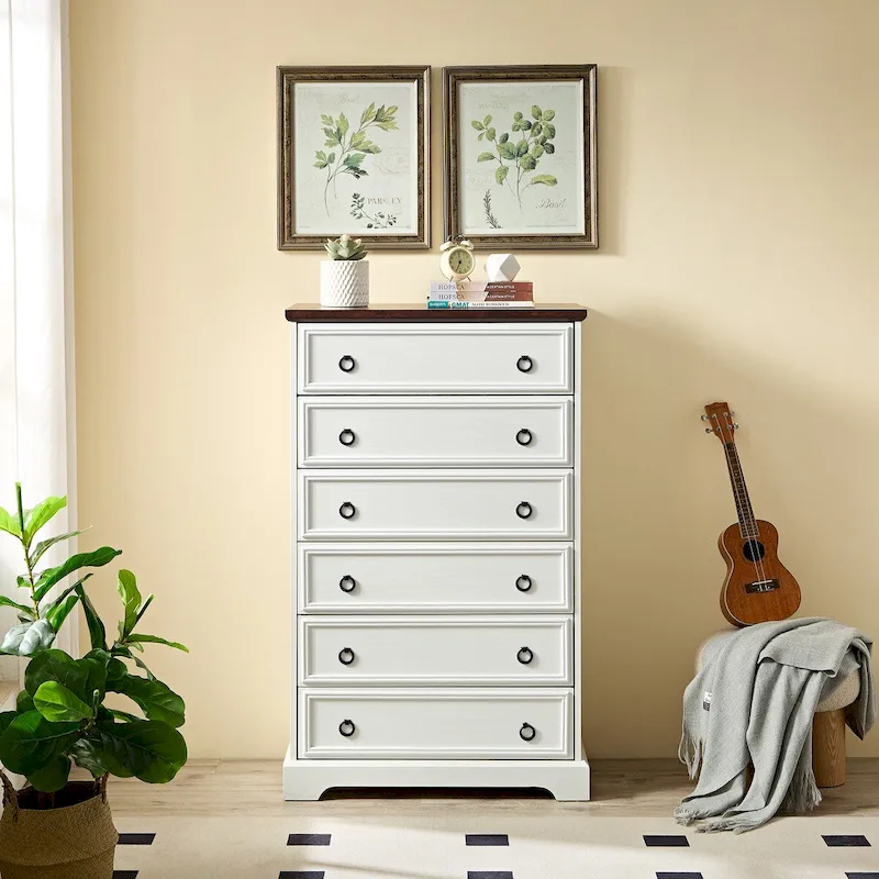 White 6-Drawer Tall Dresser, Single-Person Storage Chest with Pull Handles