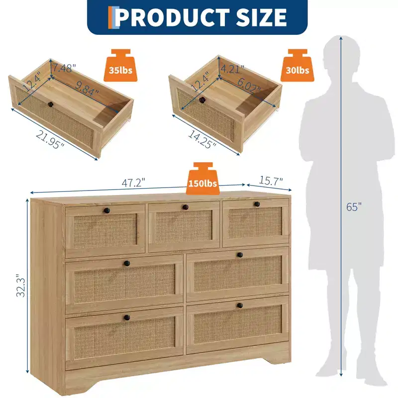 Rattan Dresser for Bedroom, Farmhouse Modern Dressers & Chests of Drawers, Wooden Storage Organizer for Closet, Living Room, Entryway, Hallway
