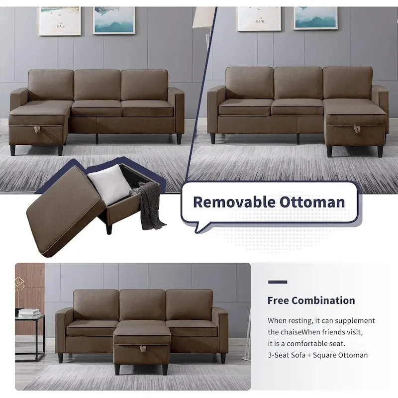 Mixoy 78inch Modern 3-Seat L Shaped Upholstered Sofa with Ottoman