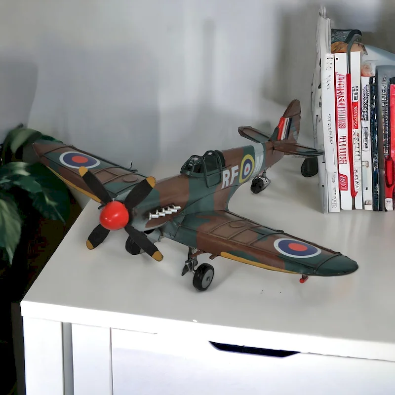 HomeRoots 6  Green Metal Hand Painted 1940 Green and Brown Spit Fire Model Airplane - 17.75' X '6' X '16.5