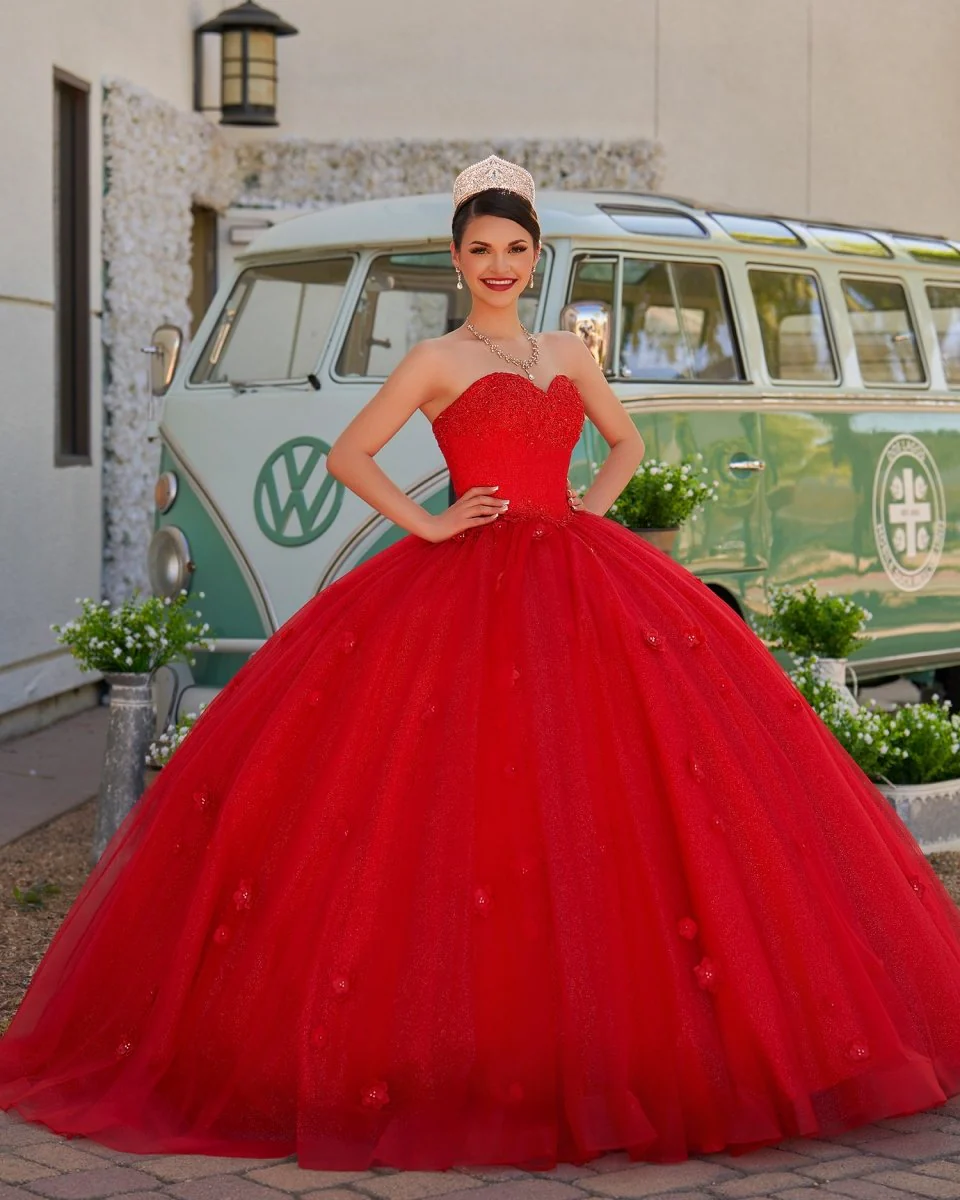 Red 3D Flowers Glitter Sequins Sleeveless Quinceanera Dresses