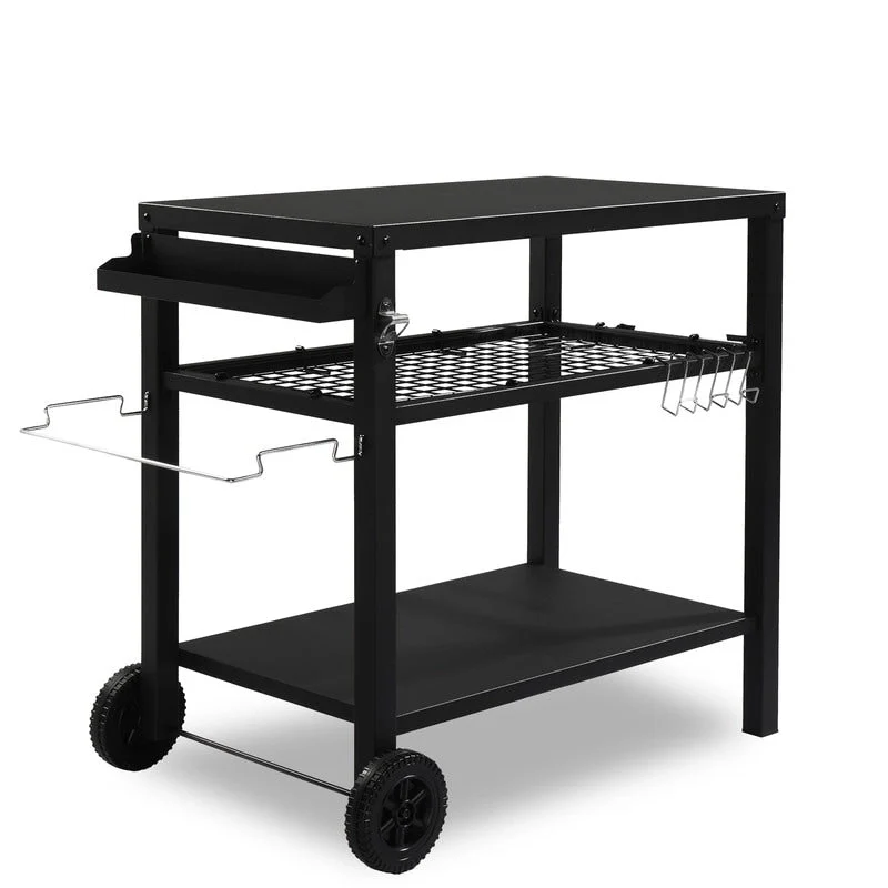 Outdoor Grill Cart Movable BBQ Trolley Food Prep Cart with Two Wheels & Hooks - N/A