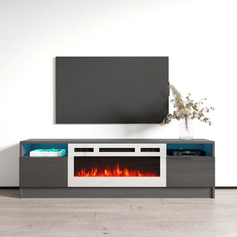 63 Inch TV Stand with Electric Fireplace Insert and LED Lighting