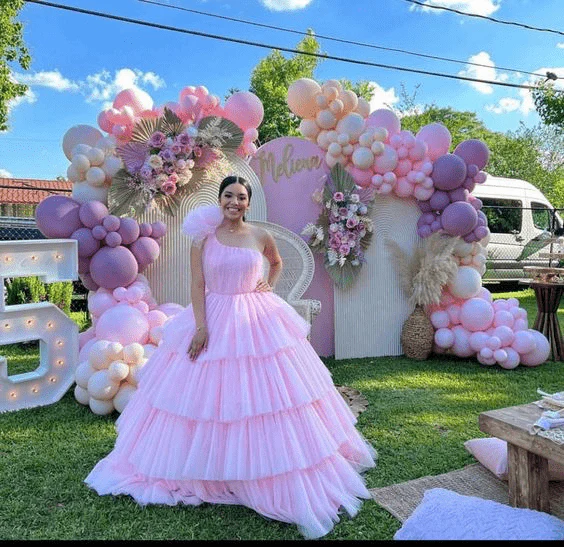 Pink A-line Tiered One Shoulder Tulle Ball Gown Pink Quinceanera Dresses