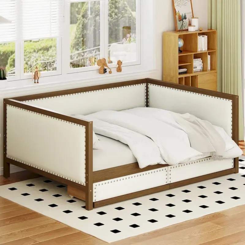 Full Size Upholstered Daybed with Trundle and Nailhead Decoration, Wood Color