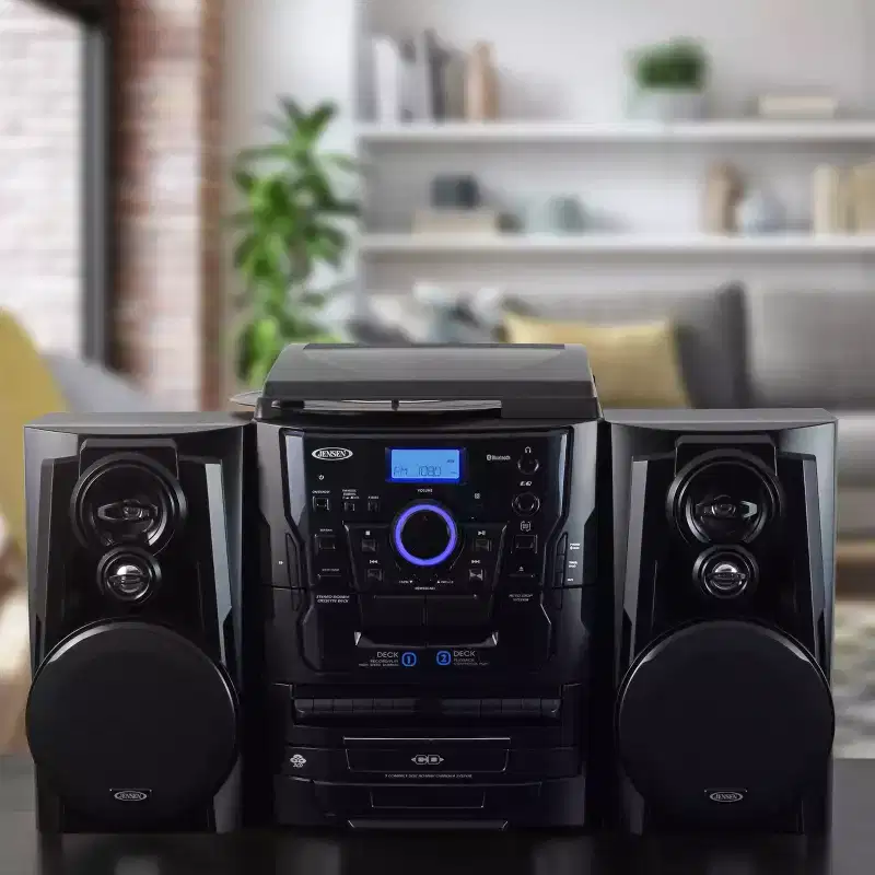 Jensen Bluetooth 3-Speed Stereo Turntable System with 3 CD Changer + AM/FM Dual Cassette and Remote